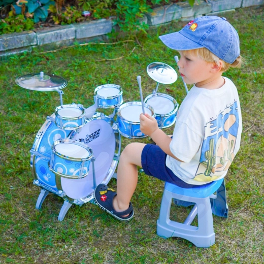 Batteria per bambini Woopie con 6 tamburi, 2 piatti e sgabello