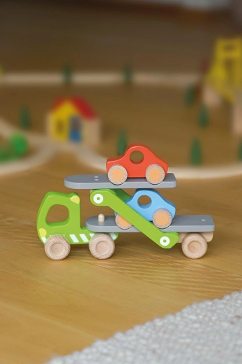Trasportatore di auto in legno con rampa ribaltabile e 2 macchinine - 1 pezzo