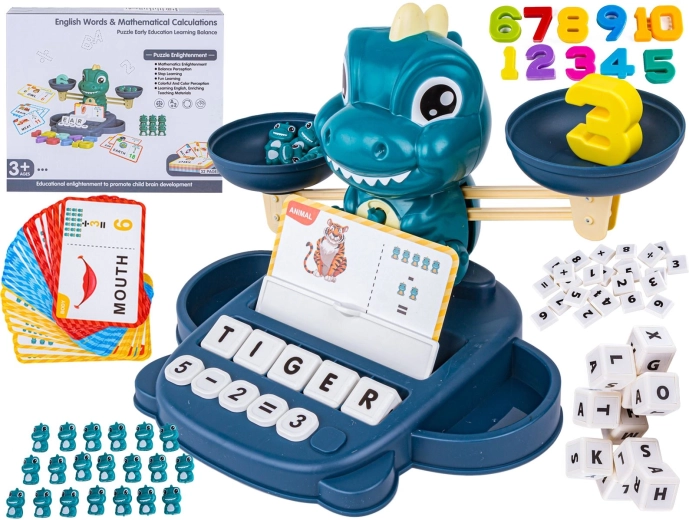 Bilancia educativa a equilibrio con dinosauri per imparare a contare e l’inglese