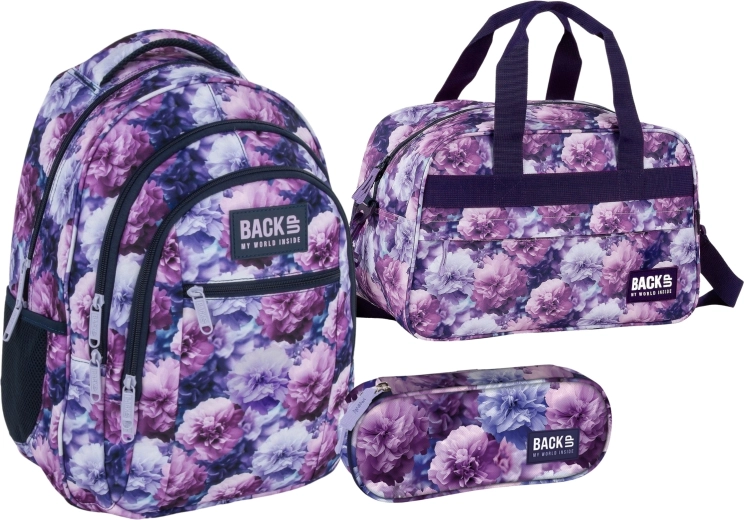 BackUP Violet Bloom set conveniente 3 in 1: zaino scolastico, astuccio e borsa sportiva