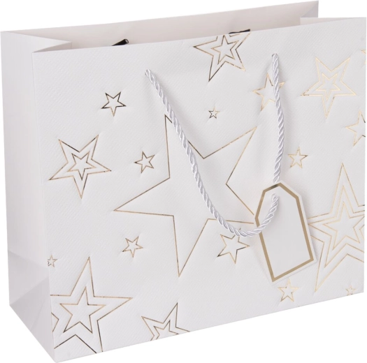 Borsa regalo in carta con motivo a stella, bianca 31 × 12 × 26 cm
