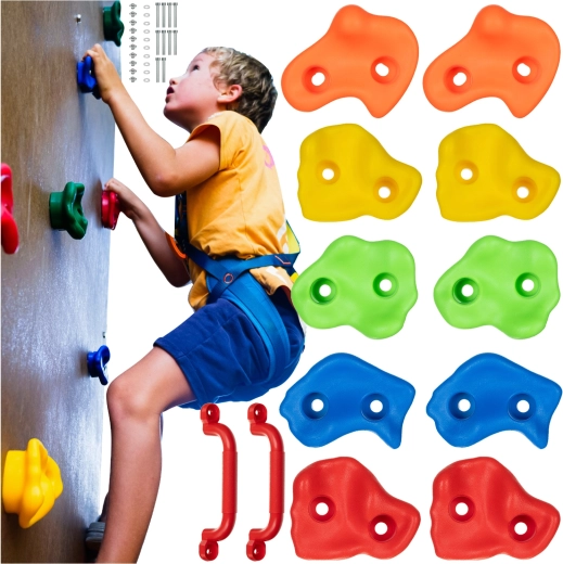 Appigli da arrampicata per bambini Kruzzel – set da 12 pz (10 prese a roccia + 2 maniglie)