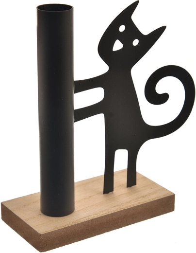 Portacandela in legno e metallo con motivo gatto