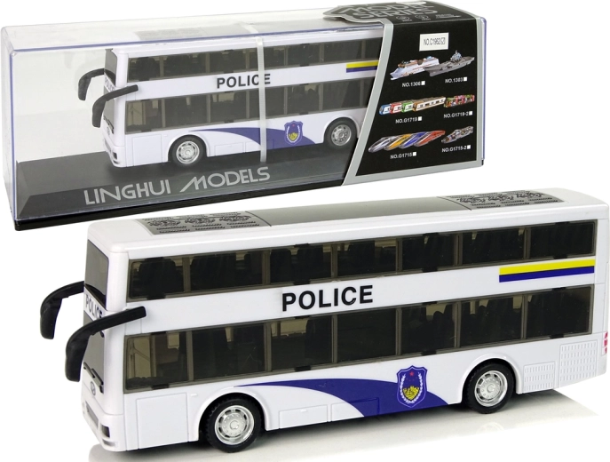 Autobus della polizia a due piani con motore a retrocarica, luci e suoni