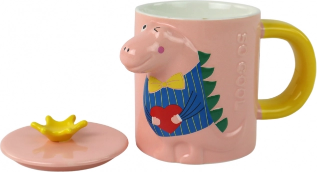 Tazza in ceramica con coperchio e cucchiaino con motivo dinosauro rosa 400 ml