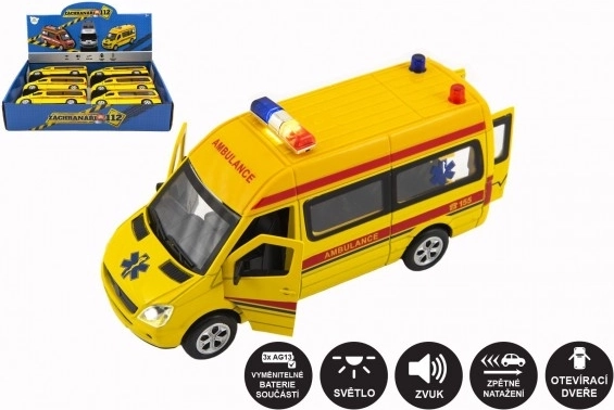 Ambulanza – macchinina in metallo e plastica con luci e suoni, 15 cm, a retrocarica