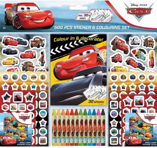Set di adesivi con album da colorare e pastelli a cera Auto (500 pz)