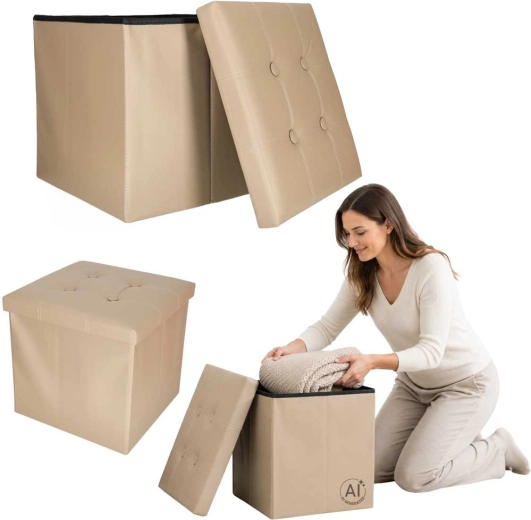 Pouf contenitore pieghevole in ecopelle beige 38 × 38 × 36 cm