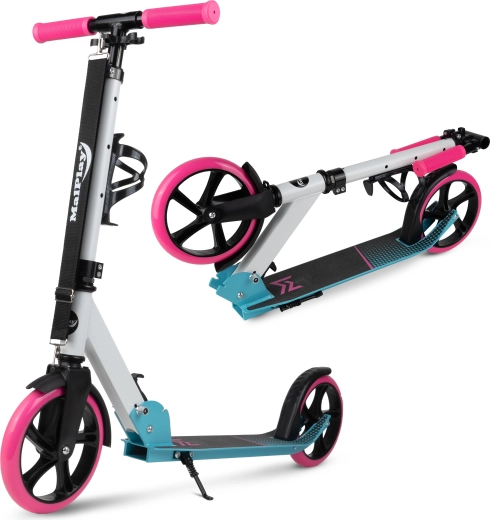 Monopattino pieghevole bianco‑rosa‑azzurro con tracolla