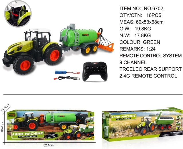 Trattore radiocomandato con autocisterna verde e ranghinatore per fieno 1:24