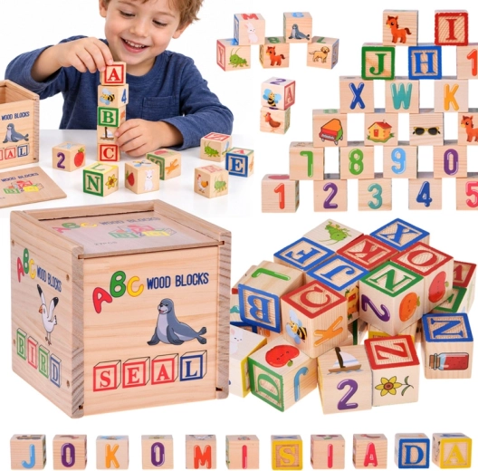 Cubetti educativi in legno con lettere inglesi, numeri e immagini