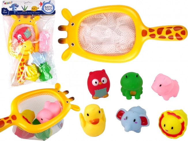 Set da bagno di animaletti di gomma con retino a giraffa