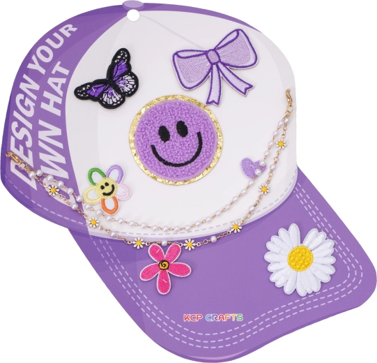 Accessori decorativi per cappellino con visiera – smiley viola e fiori con catenina decorativa di perle