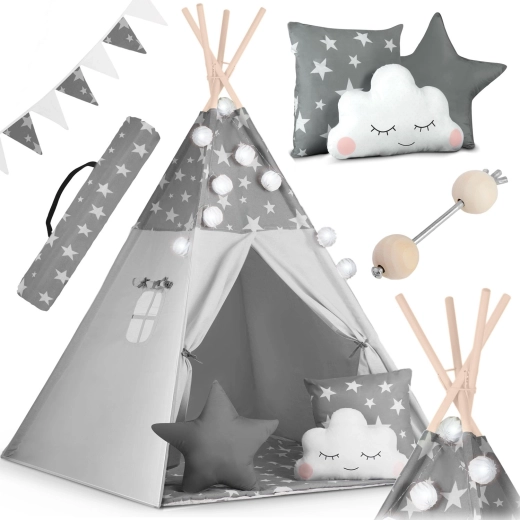 Teepee per bambini NUKIDO con lucine e ghirlanda – grigio con stelline