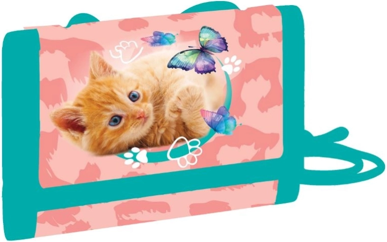 Portafoglio tessile per bambini Gatto da collo con chiusura a strappo