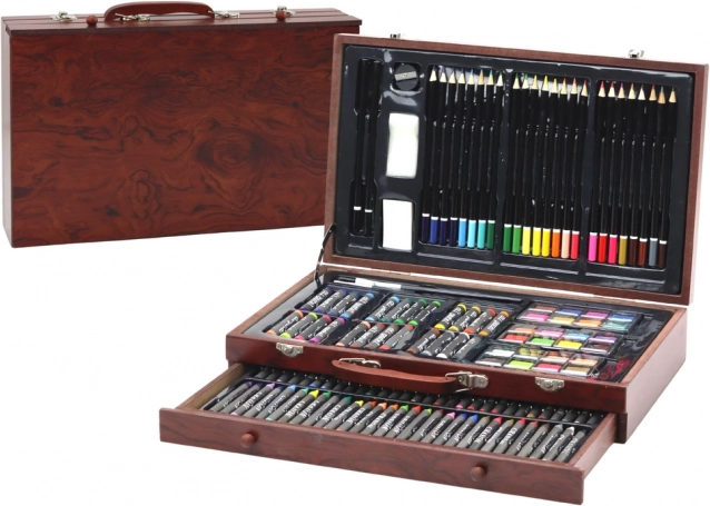 Set artistico in valigetta di legno matite, pastelli, colori