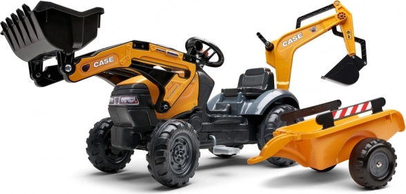 Trattore a pedali Case Construction 580 Super N arancione con benna anteriore e posteriore e rimorchio