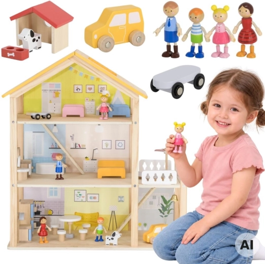 Viga casetta per bambole in legno con personaggi e accessori