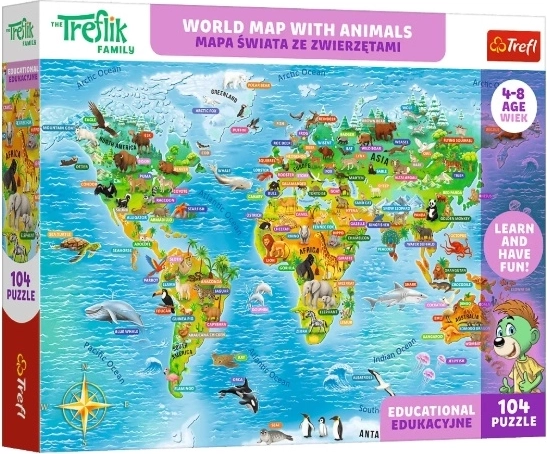 Puzzle educativo per bambini Mappa del mondo con animali (104 pezzi)