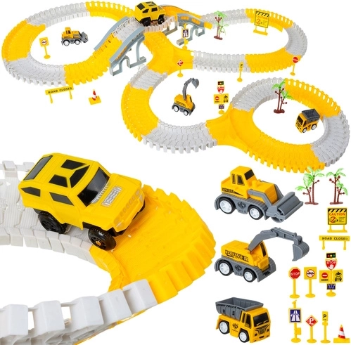 set pista da corsa modulare con auto, 255 pezzi, tema costruzioni