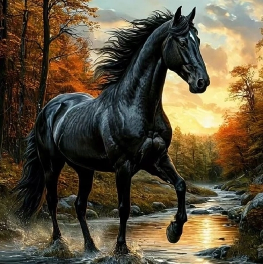 Norimpex pittura con diamanti cavallo nero nel ruscello 30 × 40 cm