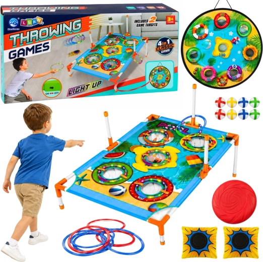 Gioco di abilità 4 in 1 per il tiro al bersaglio – bersaglio, tabellone segnapunti, anelli, sacchetti e frisbee