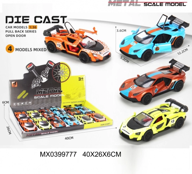 Macchinina da corsa in metallo 1:36 con porte apribili e trazione a retrocarica