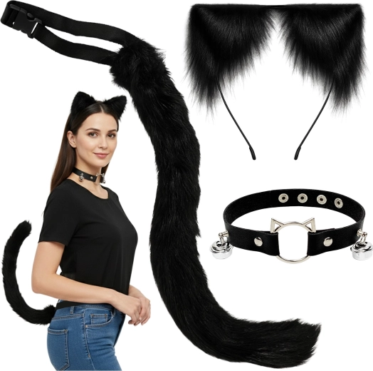 Costume Ruhhy da gatta/volpe/lupo - set nero 3 in 1 (coda, orecchie, choker)