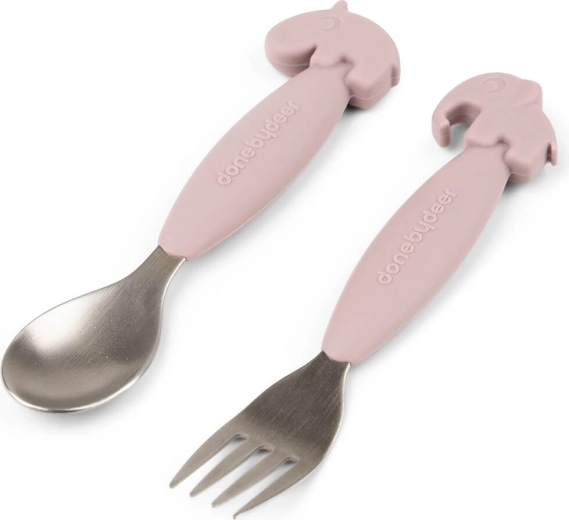 Done by Deer set di posate per bambini (cucchiaio e forchetta) Easy-grip Deer friends rosa