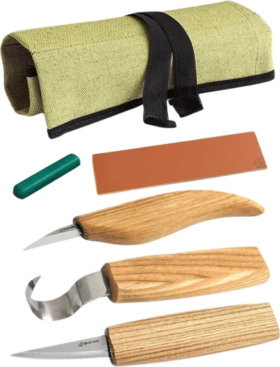 BeaverCraft set per intaglio di cucchiai e ciotole con accessori (3 coltelli in astuccio arrotolabile)