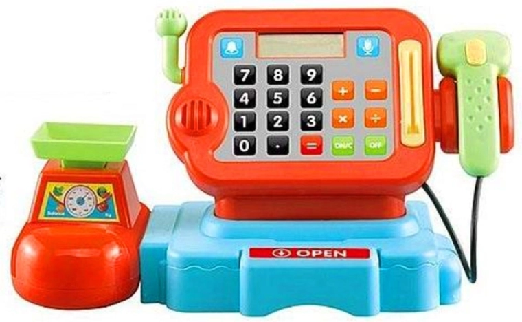 Cassa giocattolo per bambini con lettore, microfono, calcolatrice e bilancia - 1 pezzo