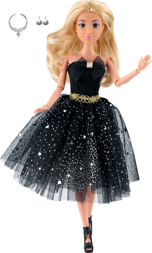 Bambola alla moda con abito corto elegante nero