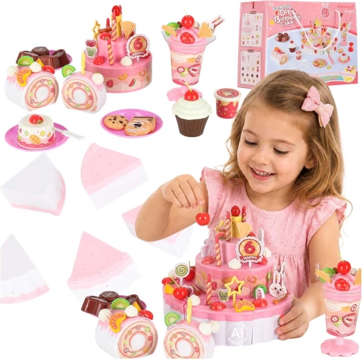 Torta di compleanno per bambini da tagliare con velcro a secco con musica e luci, 117 pezzi, rosa