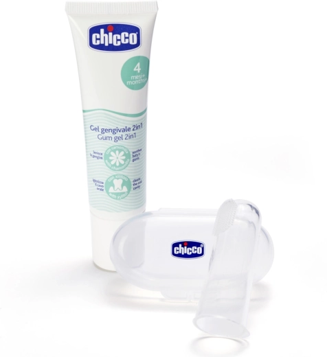 Chicco gel lenitivo per le gengive e spazzolino in silicone da dito con custodia per neonati 4m+
