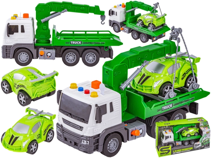 Camion giocattolo multifunzionale con gru e pianale di traino + auto da corsa 1:16 - 1 pezzo