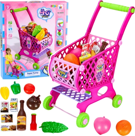 Carrello della spesa per bambini rosa con alimenti, 46 pezzi, 52 cm