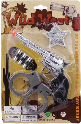 Set da cowboy piccolo sceriffo con pistola, manette e accessori
