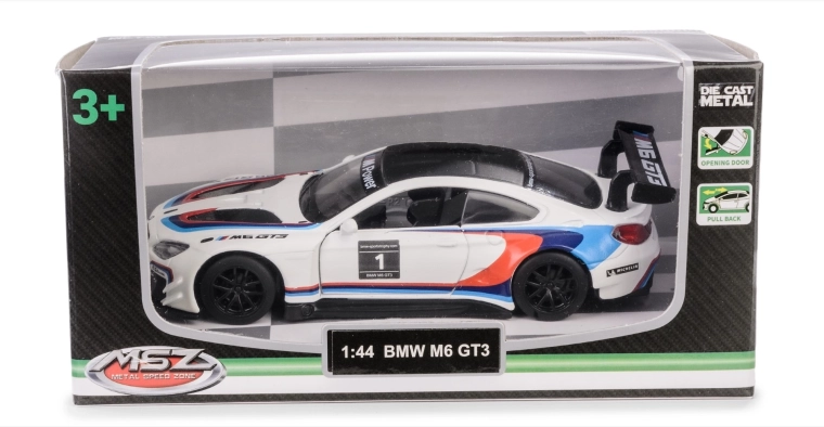Modello BMW M6 GT3 1:44 con portiere apribili e meccanismo pull-back