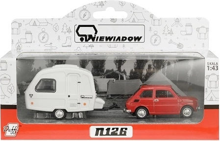 Fiat 126p con rimorchio da campeggio Niewiadów rosso