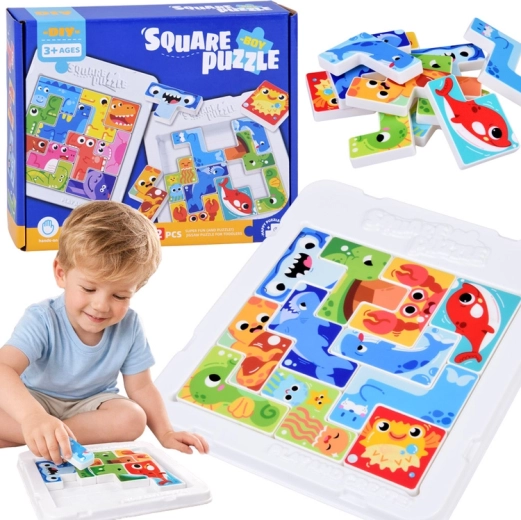 Puzzle logico tipo Tetris – animali marini, 12 pezzi