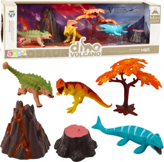 Set di figure realistiche di dinosauri con vulcano e albero
