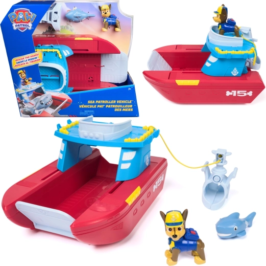 Spin Master PAW Patrol Sea Patroller – imbarcazione di salvataggio della pattuglia costiera con la figura di Chase e uno squalo