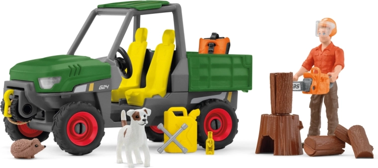 Lavori nel bosco – veicolo fuoristrada utilitario con personaggio e accessori