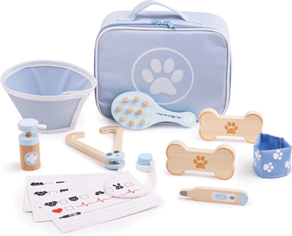 Bigjigs Toys set veterinario per bambini – set in legno per animali domestici, 12 pezzi