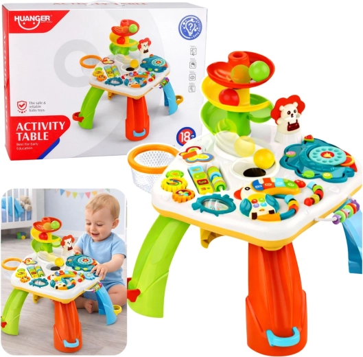 Tavolino didattico interattivo con pianola, scivolo per palline ed effetti luminosi