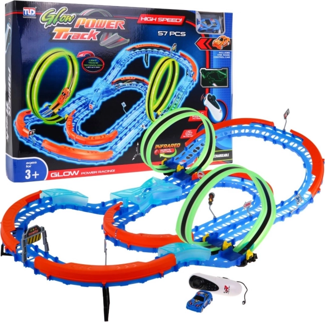 Pista da corsa fluorescente + auto LED + loop 360 + pista pieghevole - 57 pezzi