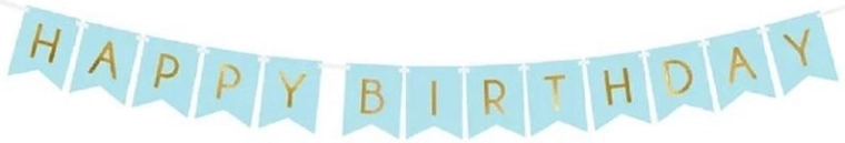 PartyDeco striscione di compleanno Happy Birthday azzurro chiaro con scritta dorata 15 × 175 cm