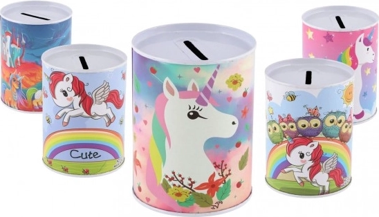 Salvadanaio in metallo con motivo unicorno