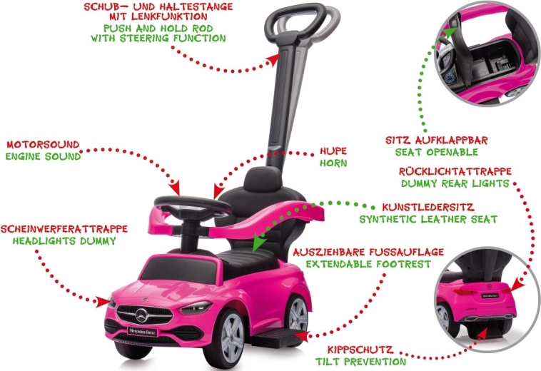 Porta cavalcabile per bambini Mercedes-Benz C-Class 3 in 1 rosa
