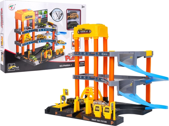 Garage per bambini multipiano con ascensore elettrico, autolavaggio e 2 macchinine